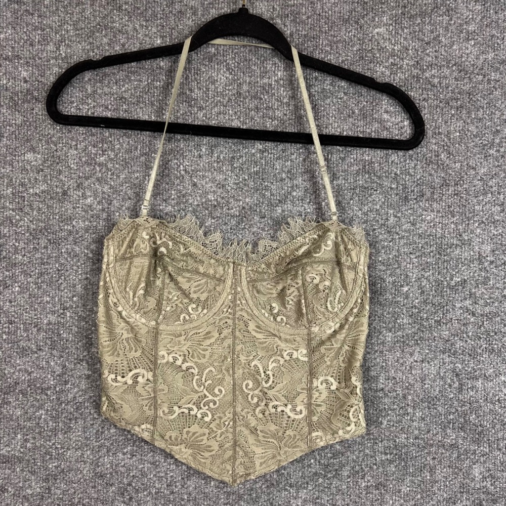 Free People Corset Top Womens M Green Excellent Lace Halter Bustier Camisole